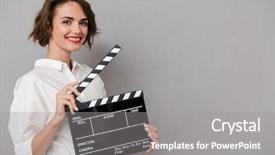  Presentation with black woman - Slides featuring smiling and holding black clapperboard background and a gray colored foreground