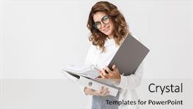  Presentation with office - Cool new slides with smiling and holding paper folder backdrop and a light gray colored foreground
