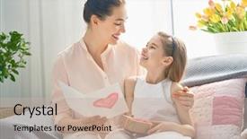  Presentation with mom daughter - Amazing presentation theme having smiling and hugging family holiday backdrop and a soft green colored foreground