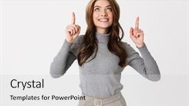  Presentation with arabian woman wearing hijab muslim - Colorful slide deck enhanced with smiling and pointing fingers upward backdrop and a light gray colored foreground