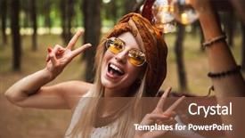  Presentation with cheerful stylish city girl using - Slide set with smiling and showing peace sign background and a tawny brown colored foreground