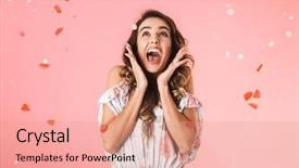  Presentation with confetti - Beautiful PPT layouts featuring smiling and standing under falling backdrop and a coral colored foreground