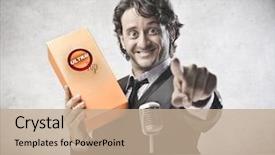  Presentation with advertising - Colorful PPT layouts enhanced with smiling announcer advertising a product backdrop and a coral colored foreground