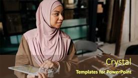  Presentation with hijab modern - Slide set having smiling-arabian-woman-wearing-hijab background and a tawny brown colored foreground