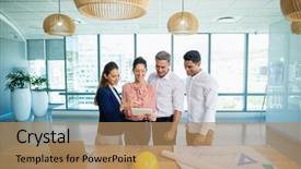  Presentation with architects - Slides enhanced with smiling architects discussing over digital tablet in office background and a coral colored foreground