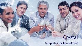  Presentation with fireworks - Slide set enhanced with smiling architectutal team celebrating a success with champagne against white fireworks exploding on black background background and a sky blue colored foreground