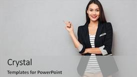  Presentation with asian - Cool new presentation design with smiling asian business woman pointing backdrop and a light gray colored foreground