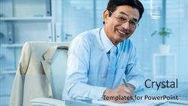  Presentation with elderly asian - Theme having smiling asian businessman writing background and a light blue colored foreground
