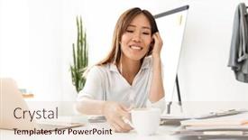  Presentation with coffee music - Theme having smiling asian businesswoman listening to music with earphones while drinking coffee at the office background and a lemonade colored foreground