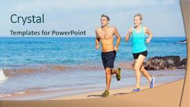  Presentation with sporty - PPT theme featuring smiling asian female fitness model caucasian male model - athletic sporty couple jogging together background and a sky blue colored foreground