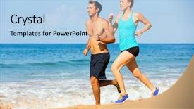  Presentation with music and athletic teams - Audience pleasing slide set consisting of smiling asian female fitness model caucasian male model - athletic sporty couple jogging together backdrop and a light blue colored foreground