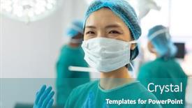  Presentation with theatre mask - PPT theme featuring smiling-asian-female-surgeon background and a teal colored foreground