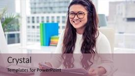  Presentation with destruction documents - Cool new slide set with smiling asian woman holding documents backdrop and a  colored foreground