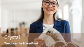  Presentation with asian - Colorful theme enhanced with smiling-asian-woman-leafing-through backdrop and a coral colored foreground