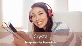  Presentation with asian music - Theme enhanced with smiling asian woman on couch listening to music at home in the living room background and a coral colored foreground
