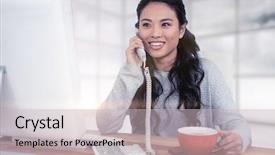  Presentation with gloomy - Amazing slide set having smiling asian woman on phone call holding mug against gloomy sky seen through window backdrop and a soft green colored foreground