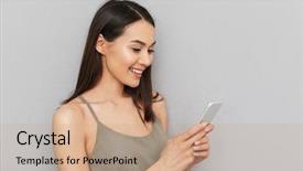  Presentation with happy smiling woman dental health - PPT theme featuring smiling asian woman using mobile background and a coral colored foreground