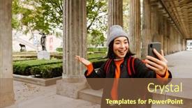  Presentation with city street - Slides with smiling-asian-woman-with-camera background and a  colored foreground