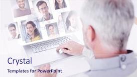  Presentation with virtual team meeting - Beautiful presentation featuring smiling at camera against profile backdrop and a sky blue colored foreground