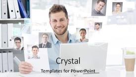  Presentation with desk - Theme with smiling at camera against profile background and a white colored foreground