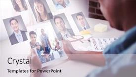  Presentation with virtual team meeting - Beautiful presentation theme featuring smiling at camera against profile backdrop and a sky blue colored foreground