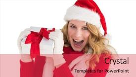  Presentation with pretty girl - Theme having smiling at camera holding gift background and a  colored foreground
