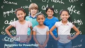  Presentation with green chalkboard - Beautiful PPT layouts featuring cute pupils smiling at camera backdrop and a coral colored foreground