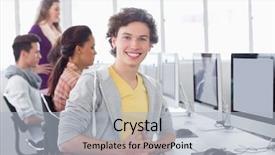  Presentation with class - Theme with smiling at camera in computer background and a light gray colored foreground