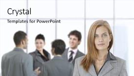  Presentation with camera - Colorful presentation enhanced with smiling at camera with team backdrop and a  colored foreground