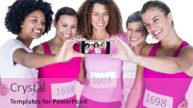  Presentation with athletes - Audience pleasing presentation theme consisting of smiling athletes taking self portrait with smartphone while standing against white background backdrop and a coral colored foreground