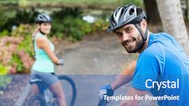  Presentation with mountain bike - Beautiful theme featuring smiling athletic couple standing with mountain bike in forest backdrop and a teal colored foreground