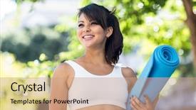  Presentation with yoga for heart diseases - PPT theme consisting of smiling athletic woman carrying yoga mat in the city background and a coral colored foreground