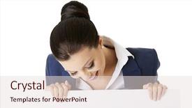  Presentation with signboard - Slides enhanced with smiling attractive businesswoman showing blank signboard over white background isolated background and a lemonade colored foreground