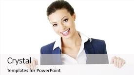  Presentation with signboard - Audience pleasing PPT theme consisting of smiling attractive businesswoman showing blank signboard over white background isolated backdrop and a white colored foreground