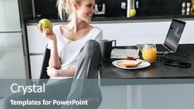  Presentation with human computer interaction mobile app - Slide deck enhanced with smiling attractive lady eating apple background and a gray colored foreground