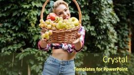  Presentation with giving - Theme having smiling attractive pin up girl offering and giving you basket of fruits outdoors background and a tawny brown colored foreground