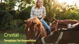  Presentation with horse riding - Presentation theme consisting of smiling attractive young blonde girl riding a horse at the horse yard background and a tawny brown colored foreground