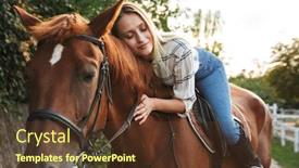  Presentation with horse riding - Colorful presentation theme enhanced with smiling attractive young blonde girl riding a horse at the horse yard backdrop and a tawny brown colored foreground