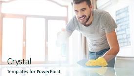  Presentation with gold man smile - PPT theme consisting of smiling attractive young man cleaning background and a sky blue colored foreground