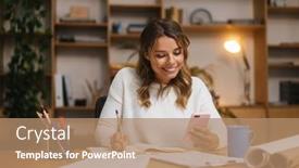  Presentation with woman office desk - Audience pleasing slides consisting of smiling-attractive-young-woman-entrepreneur backdrop and a coral colored foreground