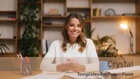  Presentation with woman office desk - PPT layouts enhanced with smiling-attractive-young-woman-entrepreneur background and a coral colored foreground