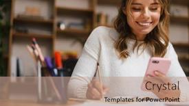  Presentation with woman office desk - Audience pleasing PPT theme consisting of smiling-attractive-young-woman-entrepreneur backdrop and a coral colored foreground
