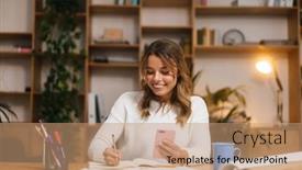  Presentation with woman office desk - Cool new PPT theme with smiling-attractive-young-woman-entrepreneur backdrop and a coral colored foreground