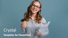  Presentation with takeaway coffee - Colorful presentation theme enhanced with smiling-attractive-young-woman-standing backdrop and a ocean colored foreground