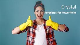  Presentation with rubber gloves - Colorful presentation theme enhanced with smiling-attractive-young-woman backdrop and a teal colored foreground