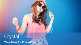  Presentation with blue music - Amazing slide set having smiling attrative young woman in hat and sunglasses listening to music from cell phone over blue background backdrop and a teal colored foreground