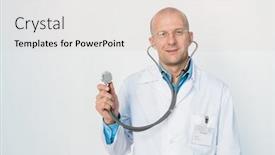  Presentation with examination - Presentation design enhanced with smiling bald doctor with stethoscope looking at you before examination while standing in isolation background and a lemonade colored foreground