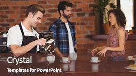  Presentation with customers - Slide deck with smiling barista pouring milk background and a tawny brown colored foreground