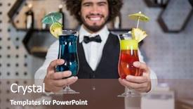  Presentation with bartender - Slide deck with smiling bartender holding two glass of cocktail in bar counter at bar background and a violet colored foreground