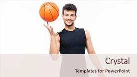  Presentation with spinning - Beautiful presentation theme featuring smiling basketball player spinning ball backdrop and a sky blue colored foreground